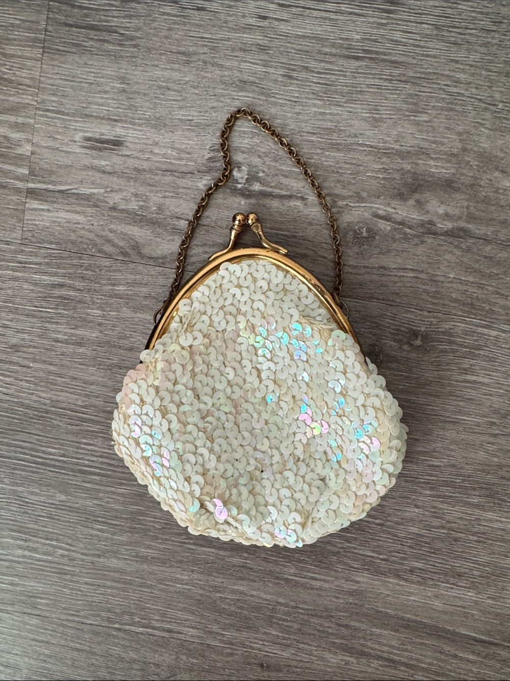 Vintage Iridescent Sequin Cream Evening Clutch with Gold Frame